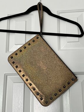 Rebecca Minkoff metallic bronze wristlet clutch with dark silver studs